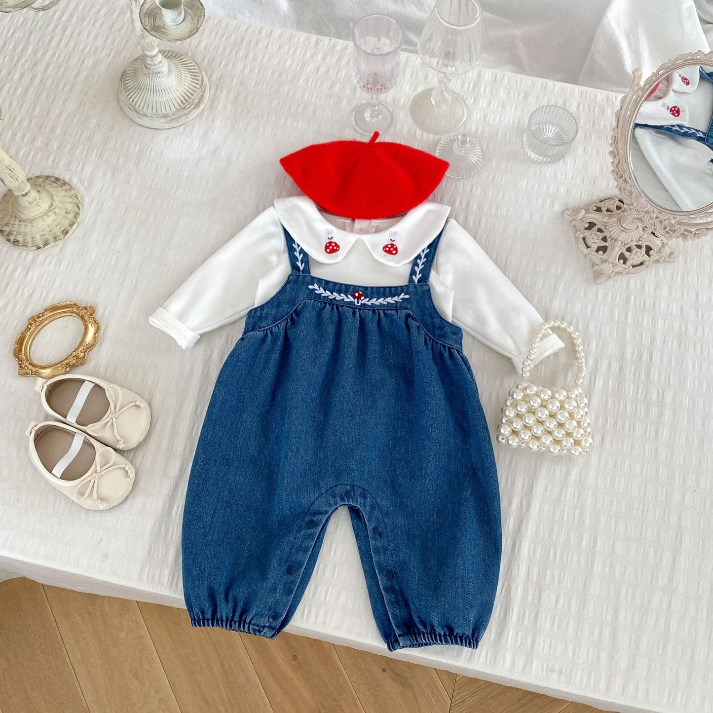 Arrival Autumn Baby Girls Long Sleeves Embroidered Top Shirt and Denim Overalls –  Clothing Set