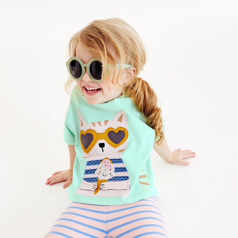 Colección de ropa de verano para niñas: camiseta infantil con estampado de gato y dama de moda 