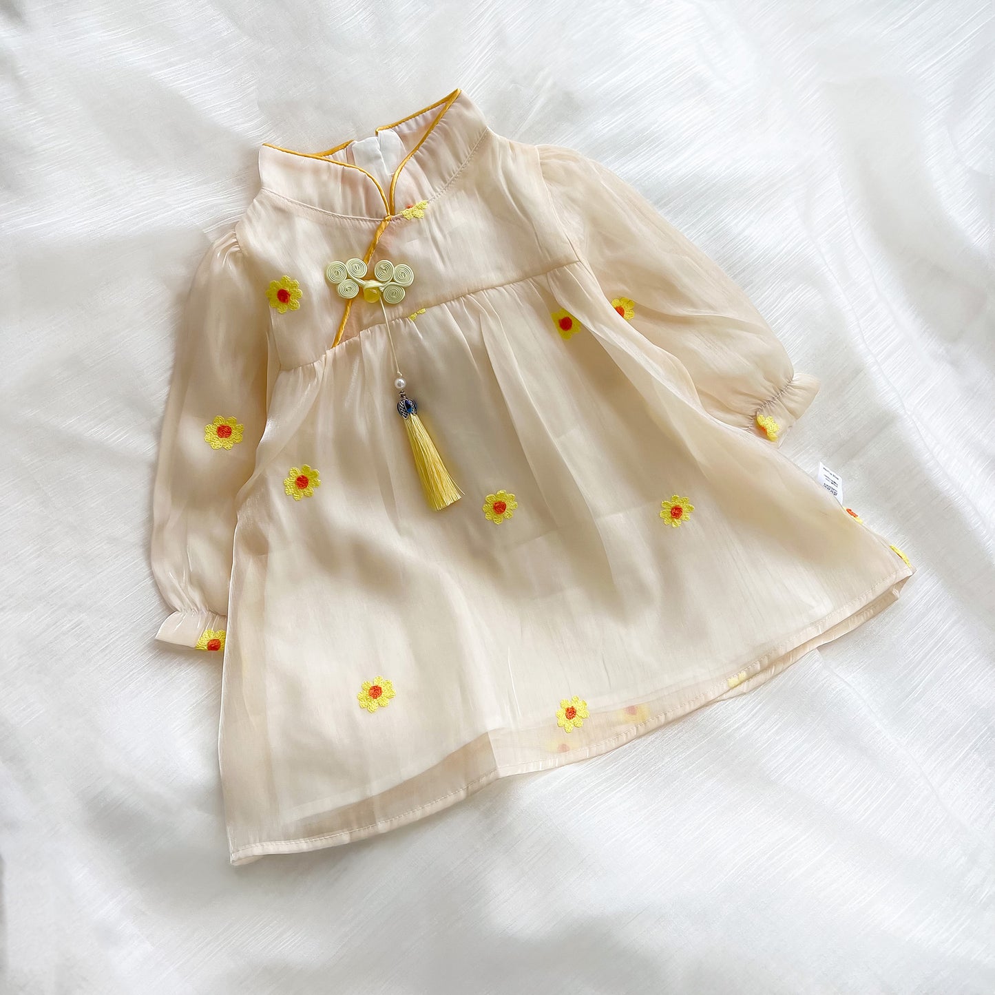 Arrival Autumn Girls Daisy Flowers Pattern Stand Collar Long Sleeves Tulle Patchwork Princess Dress