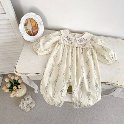 Arrival Autumn Baby Girls Long Sleeves Floral Pattern Romper with Embroidered Collar