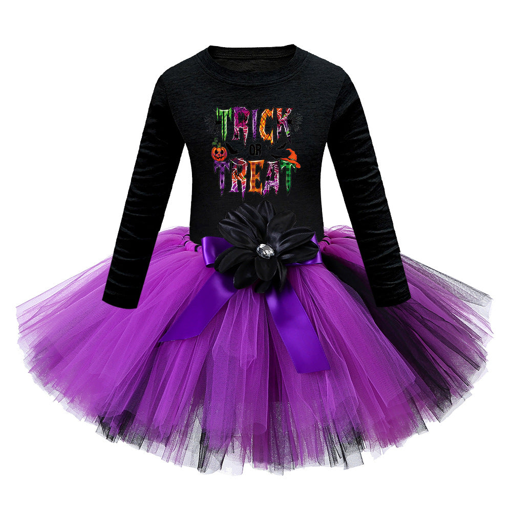 Arrival Girls’ Halloween Costume: Long Sleeves Cartoon Print Witches Cosplay Party Tulle Patchwork Dress