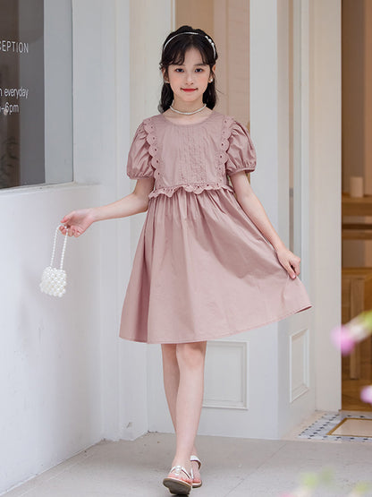 Hot Selling Summer Kids Girls Simple Style Solid Color Plain Cotton Short Sleeves Hollow Out Trim Dress