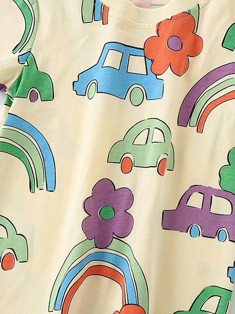 Boys’ Cartoon Rainbow Cars Pattern Short Sleeves T-Shirt In European And American Style For Summer