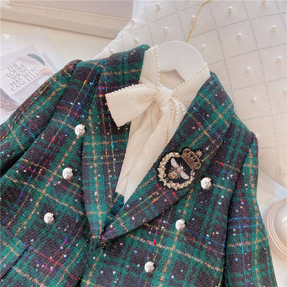 Girls Dark Green Plaid With Dots Open Front Cardigan&Skirt Preppy Suits