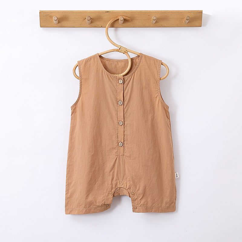 Summer New Arrival Solid Color Crew Neck Button Open Front Sleeveless Rompers