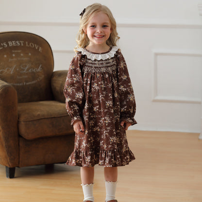 Arrival Autumn Girls Vintage Ruffle Collar Long Sleeves Floral Pattern Dress