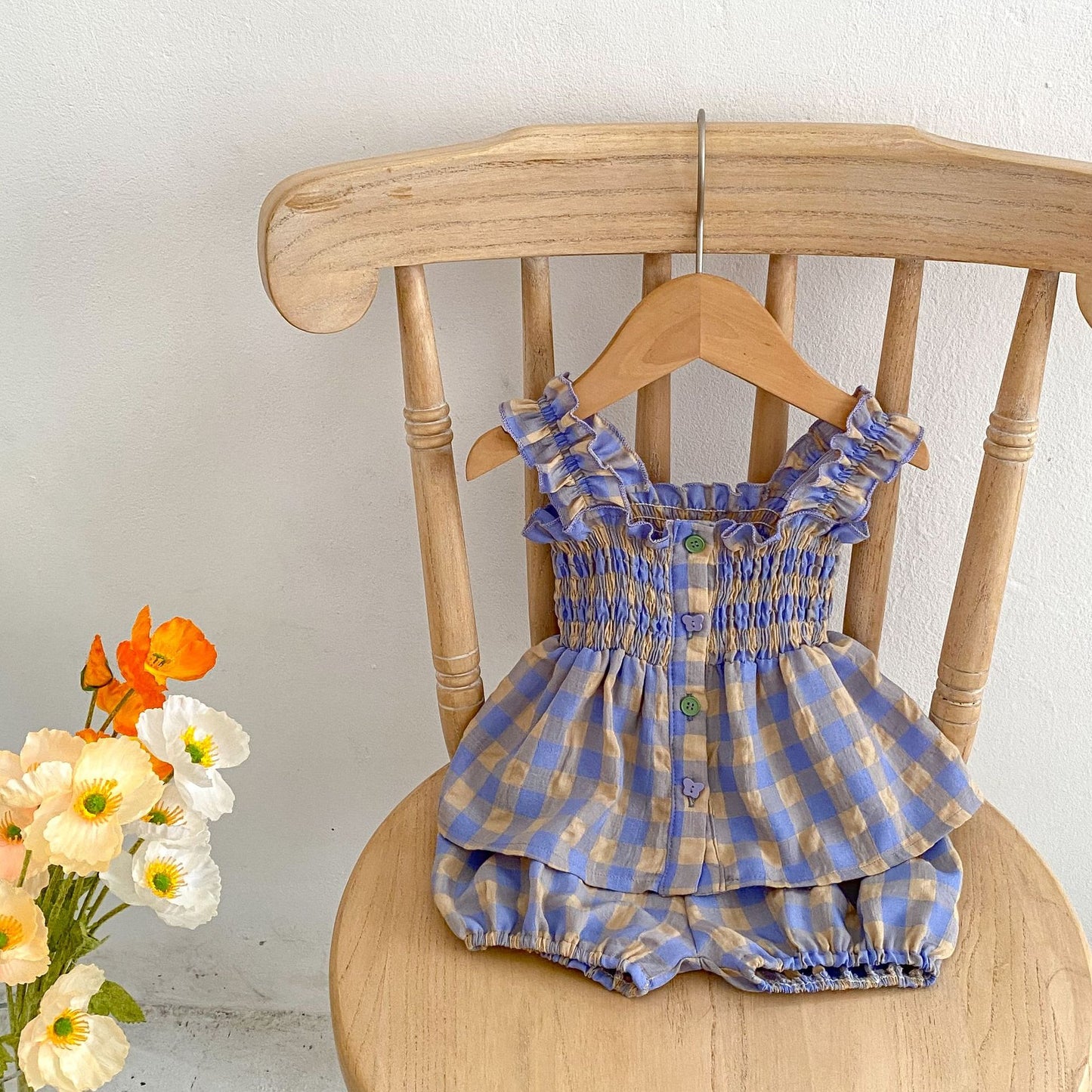 Baby Plaid Pattern Sling Blouses With Shorts Summer Sets