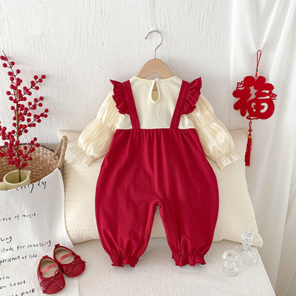 Spring Arrival Baby Girls Long Sleeves Heart Pattern Red Rompers