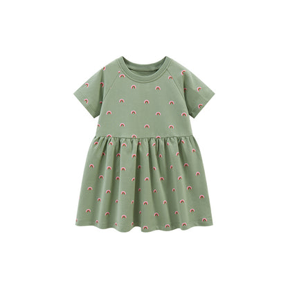 Spring And Summer Baby Girls Short Sleeves Rainbow Pattern Dress