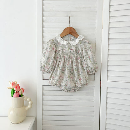 Conjunto de otoño para niñas y bebés, mono y vestido con cuello francés y estampado floral verde claro de manga larga, conjunto a juego para princesas y hermanas 