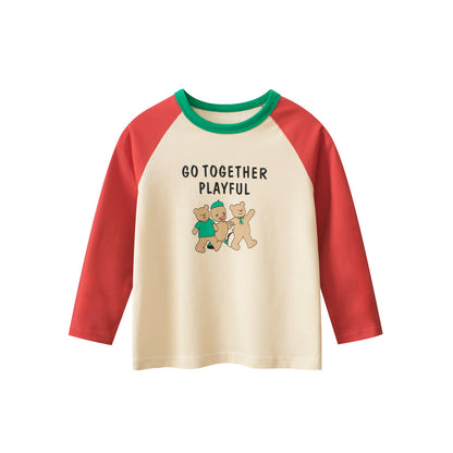 Kids Girls Teddy Bear Cartoon Print Crew Neck Long Sleeves Color Patchwork Shirt