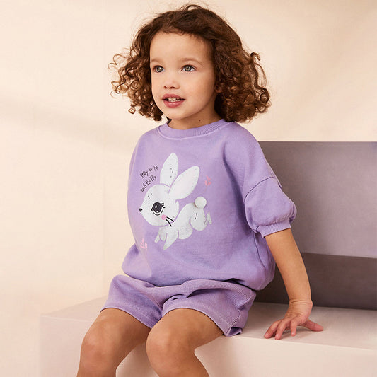 Set of Girls’ Animals Cartoon Pattern Short Sleeves T-shirt and Shorts in European and American Style for Summer