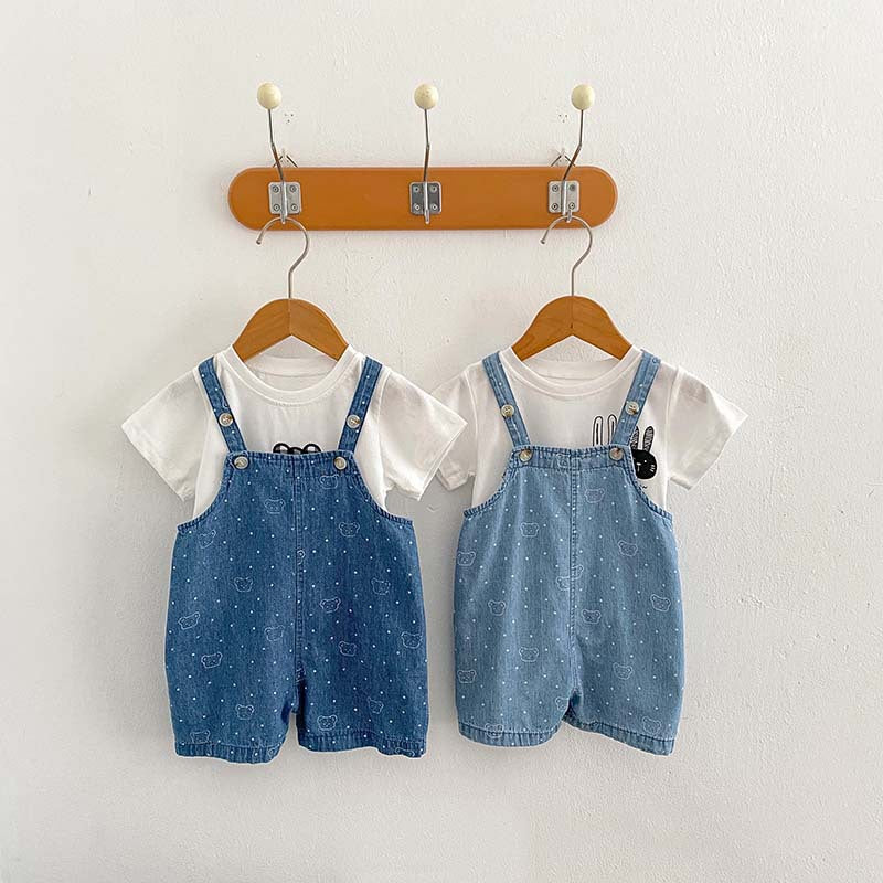 Summer Baby Kids Unisex Teddy Print White Dots Denim Overalls