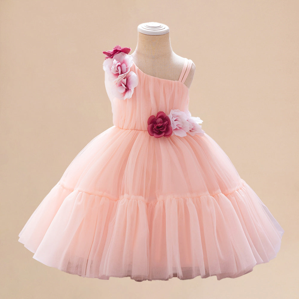 Summer Baby Kids Girls Princess Sleeveless 3D Flowers Birthday Tulle Dress