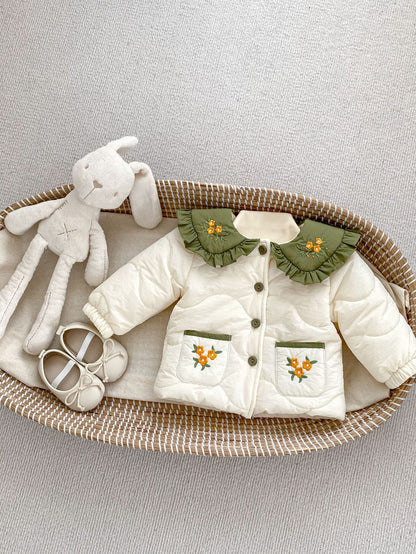 Winter New Arrival Baby Kids Girls Flowers Embroidery Single Breasted Thick Coat