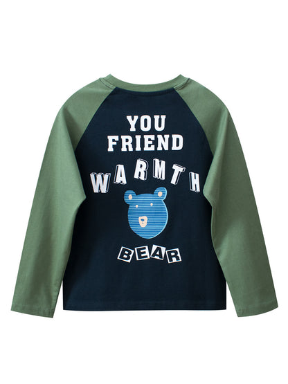 Autumn New Arrival Kids Cartoon Print Crew Neck Long Sleeves Color Patchwork Shirt