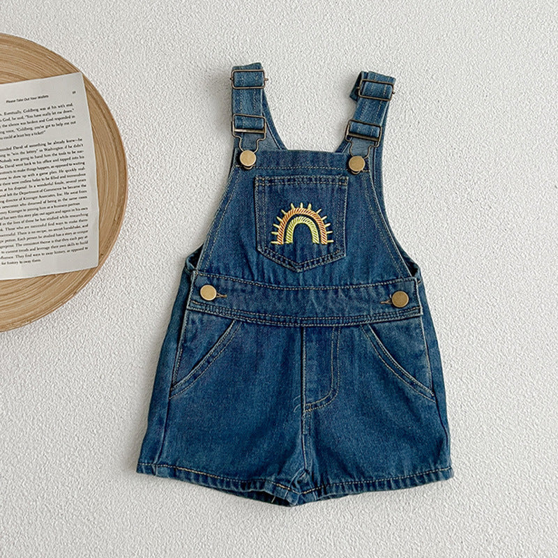 Design Summer Boys And Girls Rainbow Pattern Sleeveless Strap Onesies And Dress – Denim Brother And Sister Matching Clothing Set