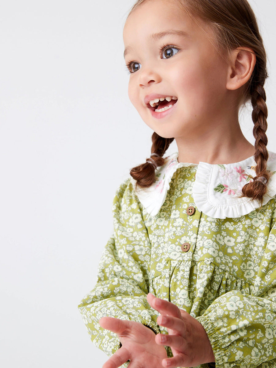 Vestido de princesa de manga larga con cuello Peter Pan y estampado floral bordado para niñas de otoño 