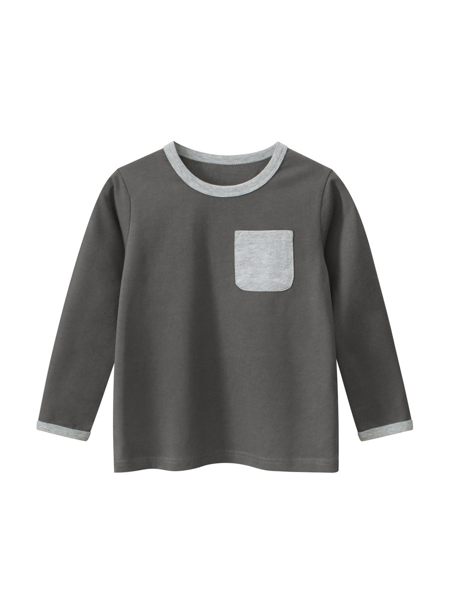 Autumn Baby Boys Color Patchwork Pocketed Long Sleeves Crew Neck Base Top Shirt