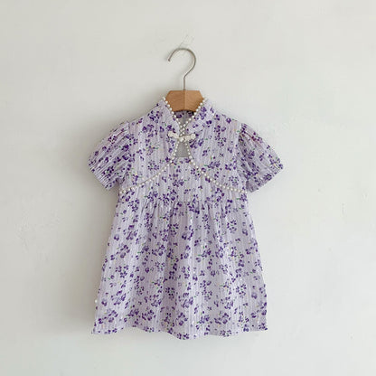 New Arrival Summer Girls Dense Floral Pattern Short Sleeves Beaded Design Dress