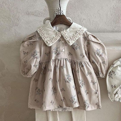 Vestido vintage de primavera suave con estampado floral y cuello vuelto para niñas