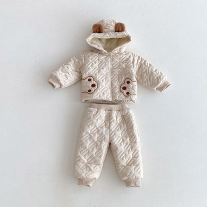 Winter Infant Baby Unisex Teddy Paws Pattern Long Sleeves Coat With Thick Pants Cute Sets