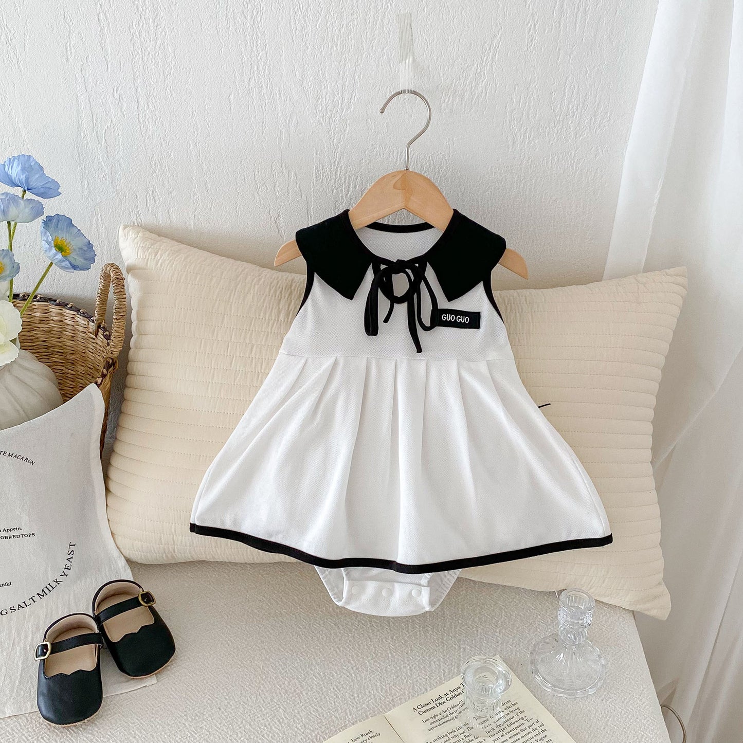 Summer New Arrival Baby Girls Sleeveless Letters Pattern Preppy Collar Onesies Dress