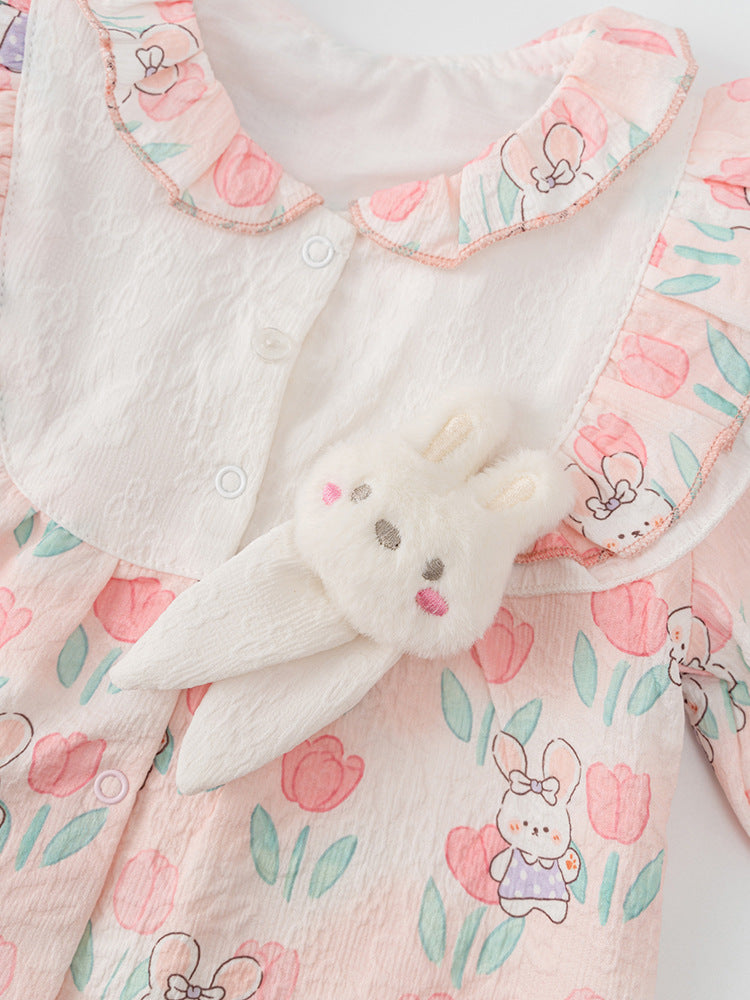 Autumn New Arrival Baby Girls Flowers and Rabbits Pattern Single Breasted Romper with Cute Collar