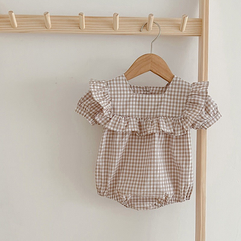 Baby Plaid Pattern Square Neck Puff Sleeves Onesies & Dress