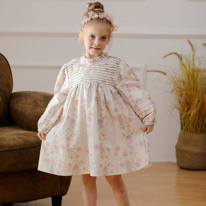 Hot Selling French Style Autumn Girls Flowers Print Ruffle Neck Long Sleeves Pleated Dress