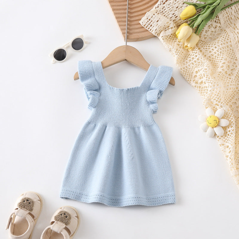 Arrival Summer Baby Kids Girls Plain Simple Solid Color Fly Sleeves Knitted Dress