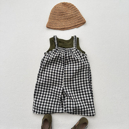 New Arrival Summer Baby Kids Girls Black Plaid Cotton Overalls