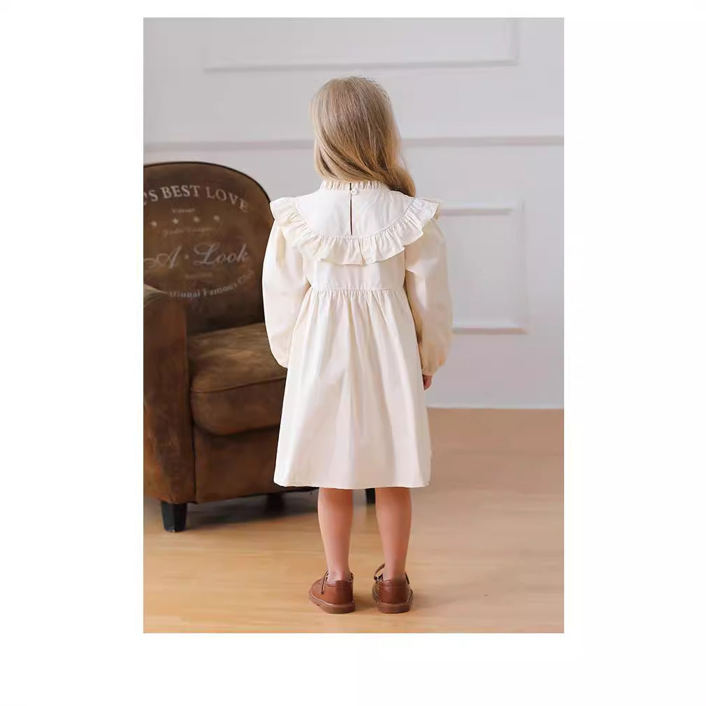 Arrival Autumn Girls Butterfly Embroidery Pattern Long Sleeves Ruffle Neck Dress