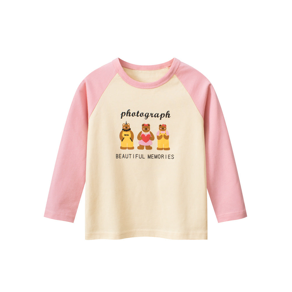 Kids Girls Animals Cartoon Print Crew Neck Long Sleeves Color Patchwork Shirt