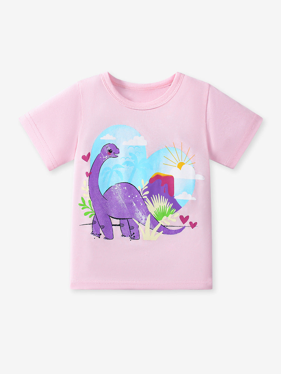 Pieces Girls’ Dinosaurs Cartoon Pattern Short Sleeves T-shirt in European and American Style for Summer