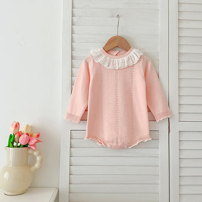 Autumn New Design Baby Girls Long Sleeves Hollow-out Striped Pattern with Cute Collar Onesies