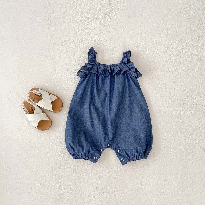 Baby Girl Solid Color Ruffle Design Denim Sleeveless Strap Bodysuit Onesies