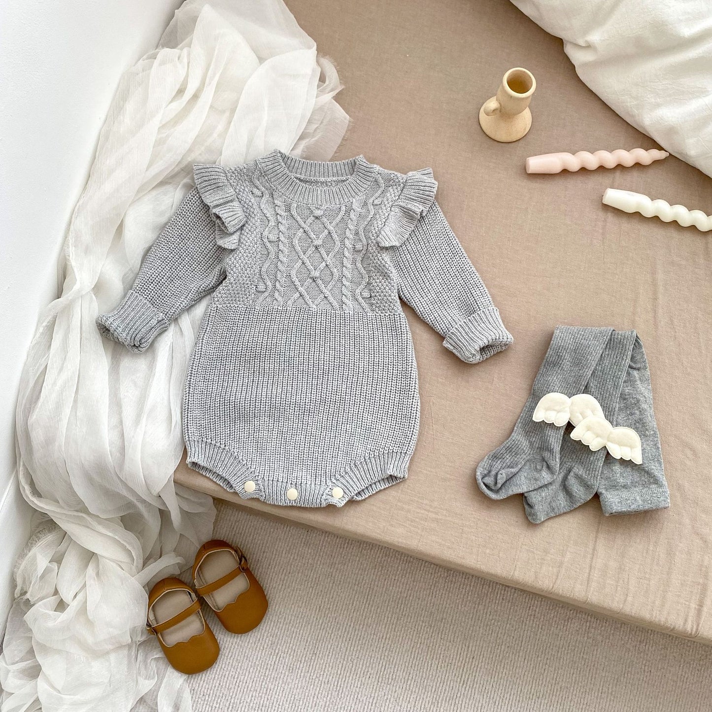 Autumn New Arrival Baby Girls Jacquard Pattern Knitted Long Sleeves Crew Neck Onesies