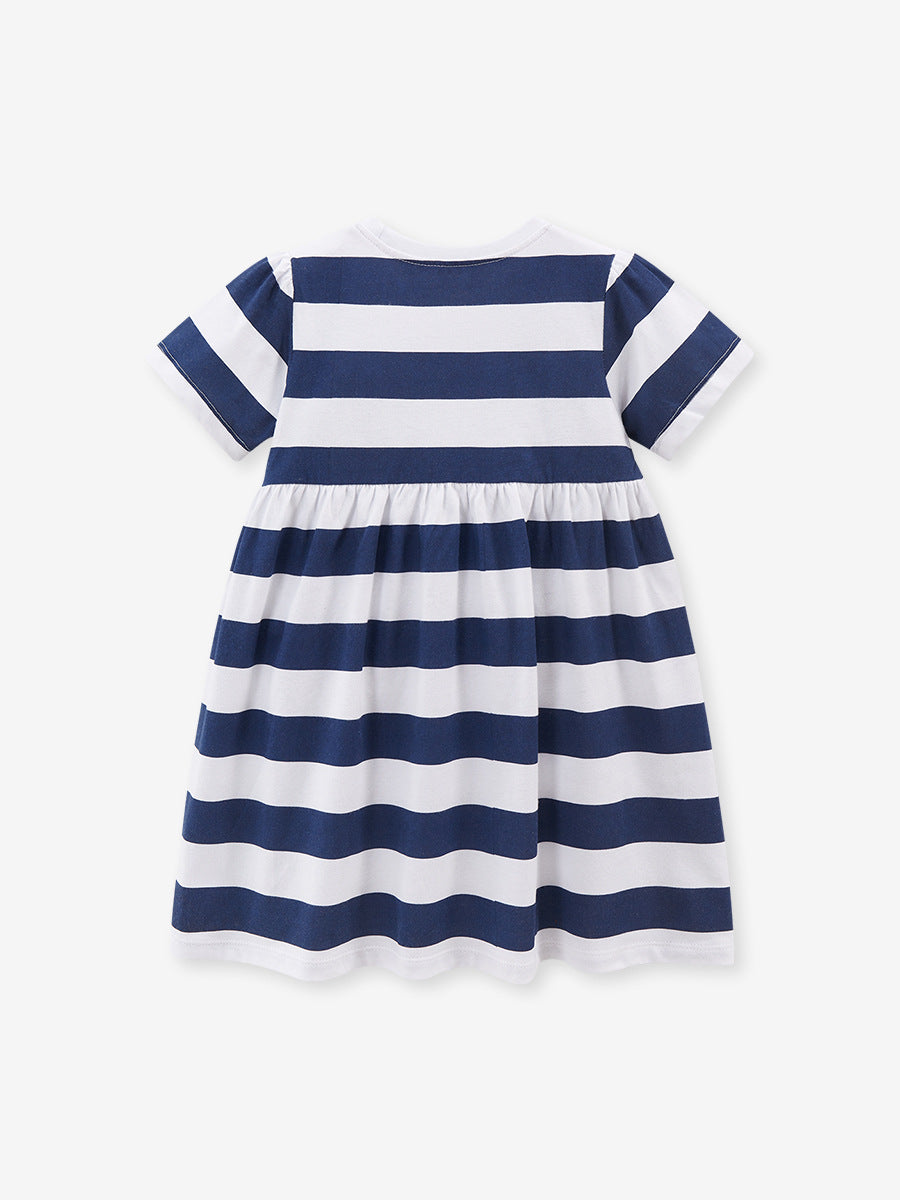 Spring And Summer Baby Girls Navy Blue Striped Floral Short Sleeves Dress