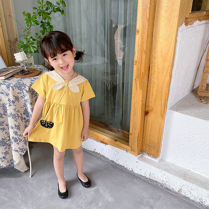 Summer Baby Kids Girls New Design Short Sleeves Preppy Crew Neck Dress