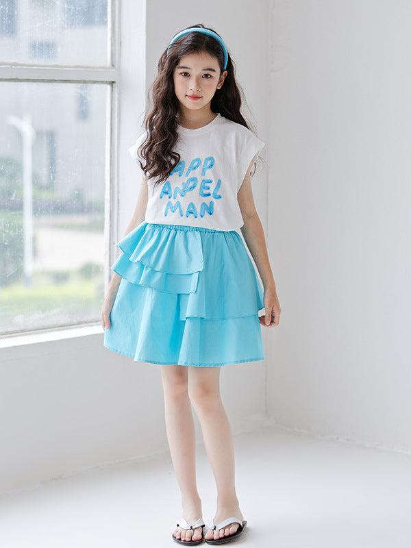 Summer Hot Selling Girls Letters Pattern Sleeveless T-Shirt And Solid Color Pleated Skirts Clothing Set