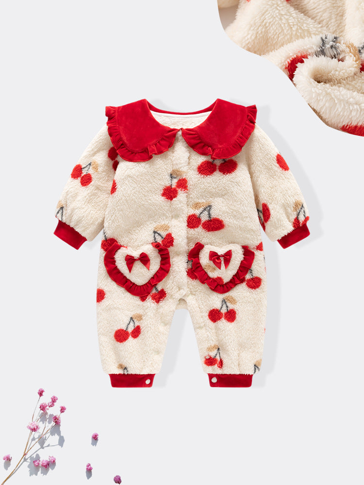 Autumn and Winter New Arrival Baby Girls Cherry Pattern Polar Fleece Rompers