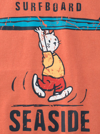 Boys’ Cartoon Seaside Cat And Letters Print T-Shirt In European And American Style