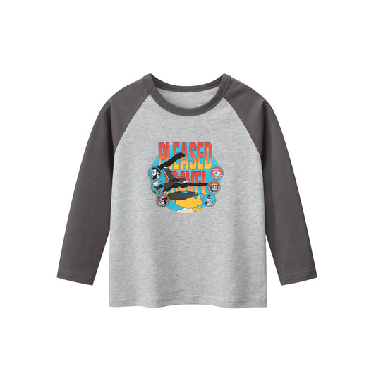 Autumn Baby Boys Cartoon Print Color Patchwork Long Sleeves Crew Neck Base Top Shirt