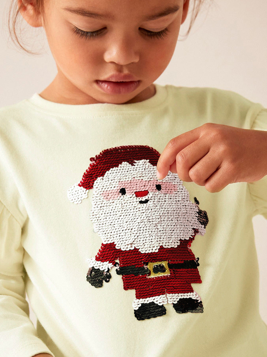 Arrival Autumn Girls’ Christmas Cartoon Santa Claus Pattern Long Sleeves T-Shirt In European And American Style For Summer