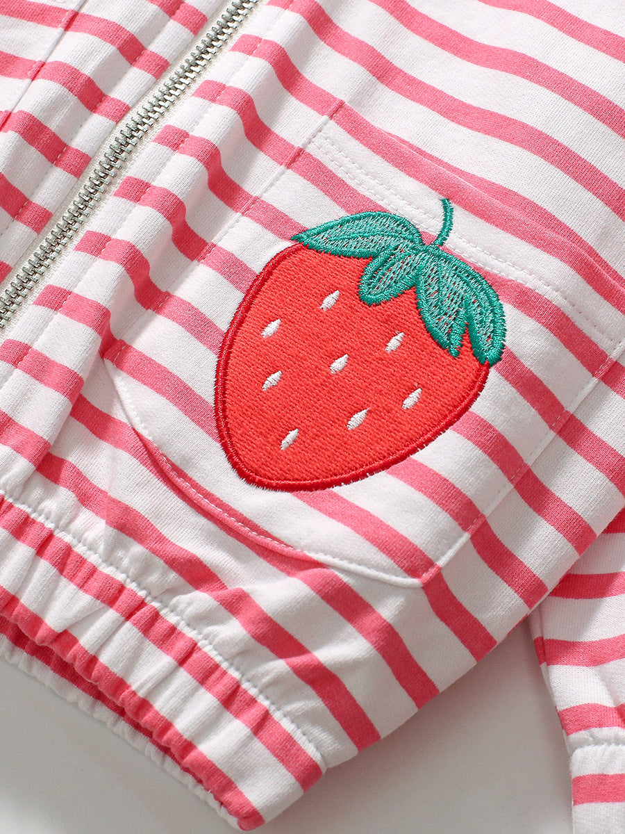 Sudadera con capucha y cremallera con estampado de rayas y dibujos animados de fresas para niñas recién nacidas 