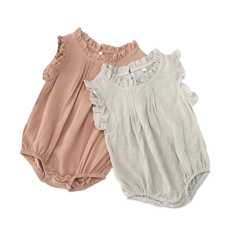 New Arrival Summer Baby Kids Girls Solid Color Simple Sleeveless Ruffle Neck Onesies