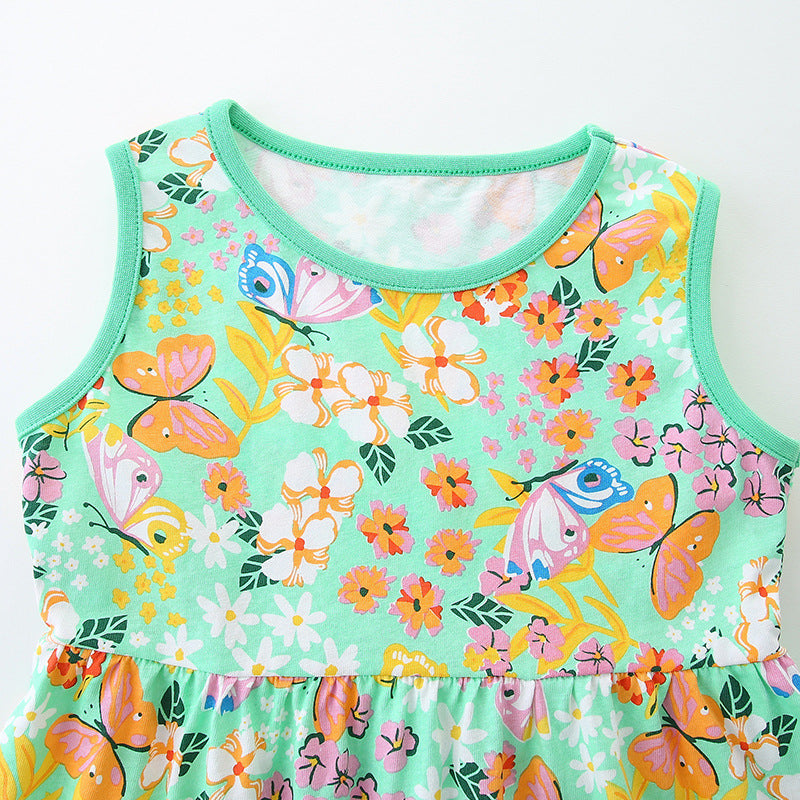 Summer Hot Selling Girls’ Flowers Pattern Butterfly Print Sleeveless Dress