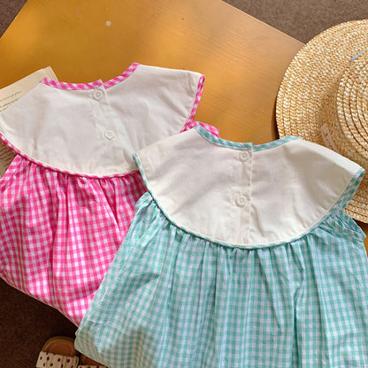 New Design Summer Baby Kids Girls Plaid Sleeveless Mermaid Embroidery Collar Dress