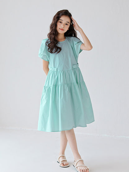 Hot Selling Summer Kids Girls Simple Style Solid Color Plain Cotton Short Sleeves Green Dress